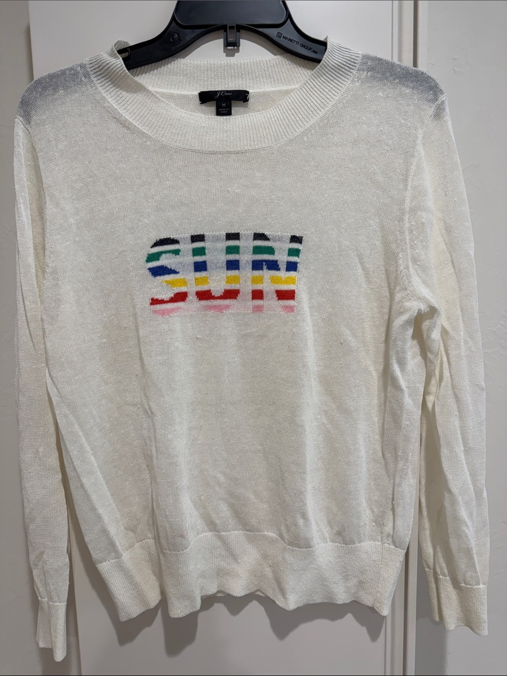 J. Crew White Knit Sweater with Multicolor 'SUN' Stripe Graphic
